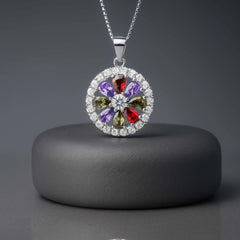 925 Sterling Silver Flower Pendant Necklace | Rhodium Plated with Multicolor Cubic Zirconia Stones