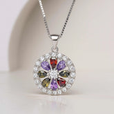 925 Sterling Silver Flower Pendant Necklace | Rhodium Plated with Multicolor Cubic Zirconia Stones