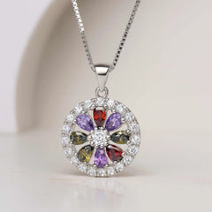 925 Sterling Silver Flower Pendant Necklace | Rhodium Plated with Multicolor Cubic Zirconia Stones