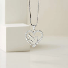 925 Sterling Silver Heart Dove Pendant Necklace | Rhodium Plated with Cubic Zirconia Stones