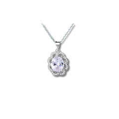 925 Sterling Silver Oval Pendant Necklace | Rhodium Plated with Cubic Zirconia Halo