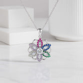 925 Sterling Silver Multicolor Flower Pendant Necklace | Rhodium Plated with Cubic Zirconia Stones