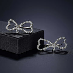 925 Sterling Silver Rhodium Plated Bow Heart Ear Cuffs with Cubic Zirconia