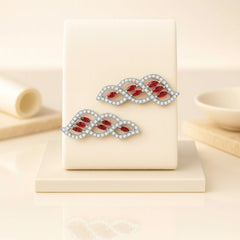 925 Sterling Silver Rhodium Plated Red Garnet Leaf Ear Cuffs with Cubic Zirconia