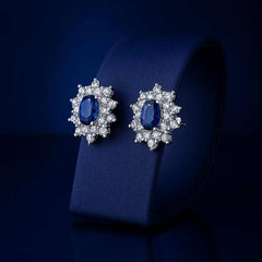 925 Sterling Silver Sapphire Stud Earrings | Rhodium Plated Earrings with Cubic Zirconia Halo