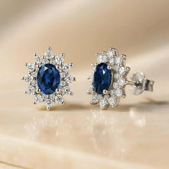 925 Sterling Silver Sapphire Stud Earrings | Rhodium Plated Earrings with Cubic Zirconia Halo
