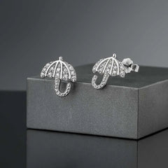925 Sterling Silver Umbrella Earrings | Rhodium Plated Studs with Cubic Zirconia Stones