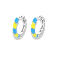 925 Sterling Silver Hoop Earrings | Rhodium Plated with Blue & Yellow Enamel Stripes for Women
