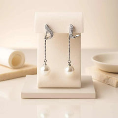 925 Sterling Silver Pearl Drop Earrings | Rhodium Plated with Cubic Zirconia Accents for Women