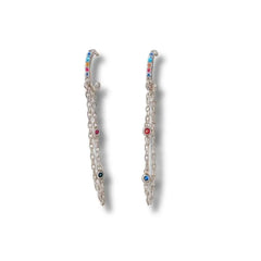 925 Sterling Silver Chain Drop Earrings | Rhodium Plated with Cubic Zirconia Multicolor Stones for Women