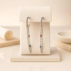 925 Sterling Silver Chain Drop Earrings | Rhodium Plated with Cubic Zirconia Multicolor Stones for Women