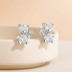 925 Sterling Silver Teddy Bear Earrings with Cubic Zirconia | Rhodium Plated Cute Studs