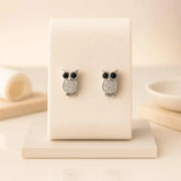 925 Sterling Silver Owl Stud Earrings | Rhodium Plated with Black & White Cubic Zirconia for Women