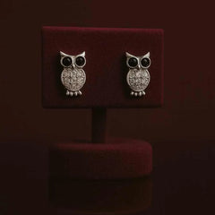 925 Sterling Silver Owl Stud Earrings | Rhodium Plated with Black & White Cubic Zirconia for Women