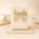 Gold Plated 925 Sterling Silver Cross Hoop Earrings | Rhodium Finish with Cubic Zirconia Dangles