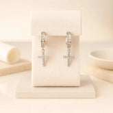 925 Sterling Silver Cross Hoop Earrings | Rhodium Plated Cubic Zirconia Dangle Huggies