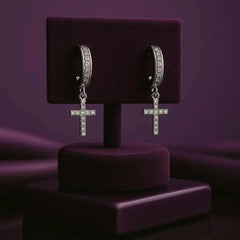 925 Sterling Silver Cross Hoop Earrings | Rhodium Plated Cubic Zirconia Dangle Huggies