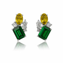 Emerald Cut Green & Yellow Gemstone Stud Earrings – Sterling Silver