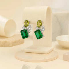 Emerald Cut Green & Yellow Gemstone Stud Earrings – Sterling Silver
