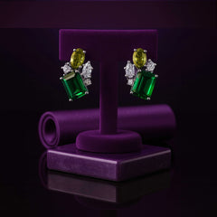 Emerald Cut Green & Yellow Gemstone Stud Earrings – Sterling Silver