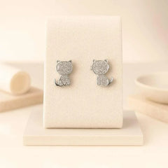 925 Sterling Silver Cat Stud Earrings | Rhodium Plated Kitty Design with Cubic Zirconia