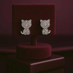 925 Sterling Silver Cat Stud Earrings | Rhodium Plated Kitty Design with Cubic Zirconia