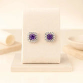 925 Sterling Silver Amethyst Stud Earrings | Rhodium Plated Square Design with Cubic Zirconia Halo