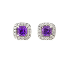 925 Sterling Silver Amethyst Stud Earrings | Rhodium Plated Square Design with Cubic Zirconia Halo