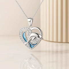 925 Sterling Silver Dolphin Heart Necklace | Rhodium Plated with Blue Enamel & Cubic Zirconia
