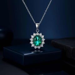 925 Sterling Silver Emerald Green Pendant Necklace | Rhodium Plated with Cubic Zirconia Halo