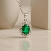 925 Sterling Silver Emerald Green Pendant Necklace | Rhodium Plated with Cubic Zirconia Halo
