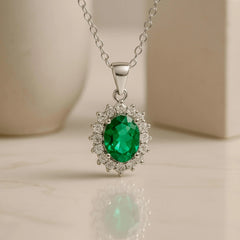 925 Sterling Silver Emerald Green Pendant Necklace | Rhodium Plated with Cubic Zirconia Halo