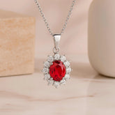 925 Sterling Silver Ruby Red Pendant Necklace | Rhodium Plated with Cubic Zirconia Halo