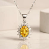 925 Sterling Silver Yellow Citrine Pendant Necklace | Rhodium Plated with Cubic Zirconia Halo