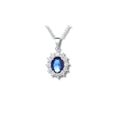 925 Sterling Silver Blue Sapphire Pendant Necklace | Rhodium Plated with Cubic Zirconia Halo