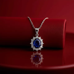 925 Sterling Silver Blue Sapphire Pendant Necklace | Rhodium Plated with Cubic Zirconia Halo