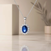 925 Sterling Silver Blue Sapphire Pendant Necklace | Rhodium Plated with Cubic Zirconia Halo