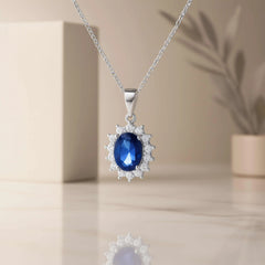 925 Sterling Silver Blue Sapphire Pendant Necklace | Rhodium Plated with Cubic Zirconia Halo