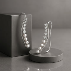 925 Sterling Silver Rhodium Plated CZ and Pearl Ear Cuffs for Women