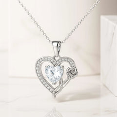 925 Sterling Silver Heart & Rose Pendant Necklace | Rhodium Plated with Cubic Zirconia – Romantic Gift Jewelry