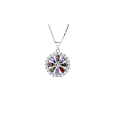 925 Sterling Silver Flower Pendant Necklace | Rhodium Plated with Multicolor Cubic Zirconia Stones