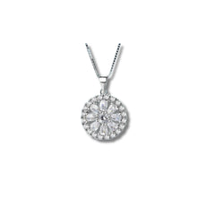925 Sterling Silver Round Flower Pendant Necklace | Rhodium Plated with White Cubic Zirconia Stones