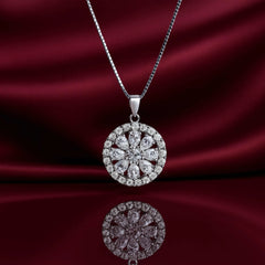 925 Sterling Silver Round Flower Pendant Necklace | Rhodium Plated with White Cubic Zirconia Stones