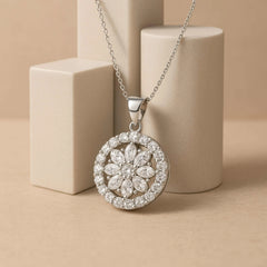 925 Sterling Silver Round Flower Pendant Necklace | Rhodium Plated with White Cubic Zirconia Stones