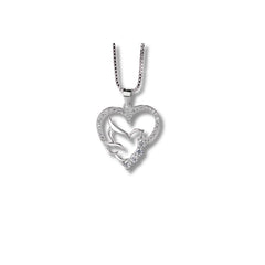 925 Sterling Silver Heart Dove Pendant Necklace | Rhodium Plated with Cubic Zirconia Stones