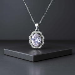 925 Sterling Silver Oval Pendant Necklace | Rhodium Plated with Cubic Zirconia Halo