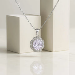 925 Sterling Silver Oval Pendant Necklace | Rhodium Plated with Cubic Zirconia Halo