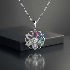 925 Sterling Silver Multicolor Flower Pendant Necklace | Rhodium Plated with Cubic Zirconia Stones