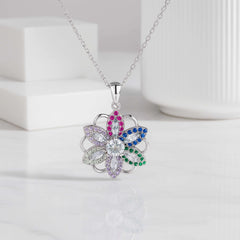 925 Sterling Silver Multicolor Flower Pendant Necklace | Rhodium Plated with Cubic Zirconia Stones