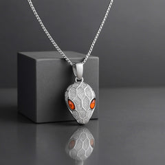925 Sterling Silver Snake Head Pendant Necklace | Rhodium Plated with Cubic Zirconia & Orange Eye Detail